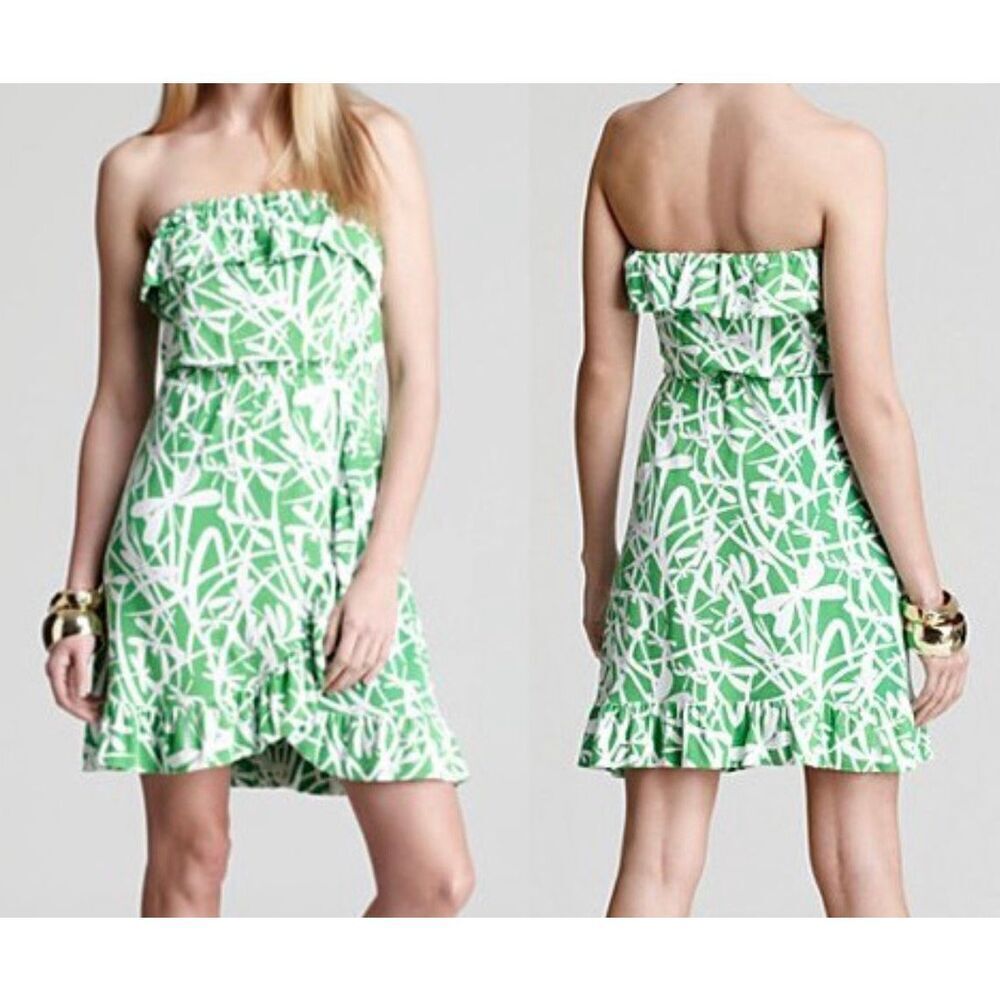 NEW NWOT Lilly Pulitzer Flor Green Bean Light My Fire Strapless Ruffle TUBE Dres
